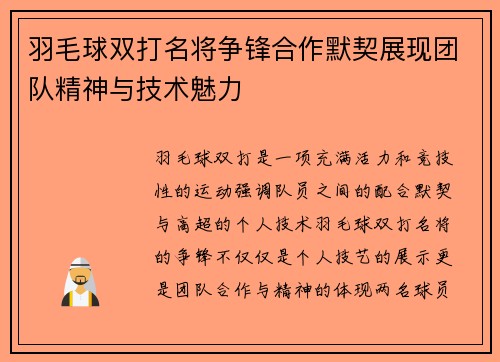 羽毛球双打名将争锋合作默契展现团队精神与技术魅力