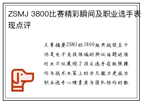 ZSMJ 3800比赛精彩瞬间及职业选手表现点评